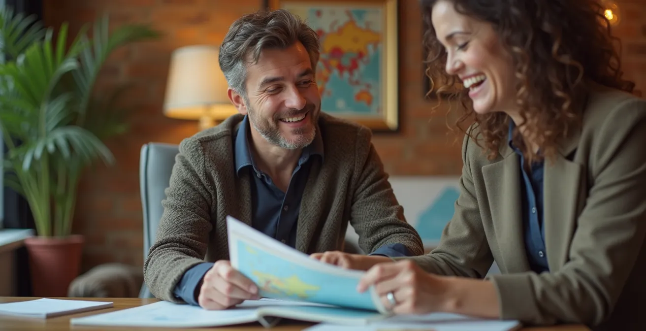 Rencontre chaleureuse entre un conseiller en voyage et un client discutant d'un itinéraire personnalisé
