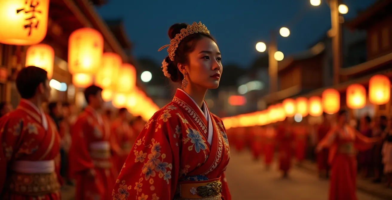 Scène nocturne d'un festival traditionnel japonais avec lanternes éclairant des costumes et des danses folkloriques
