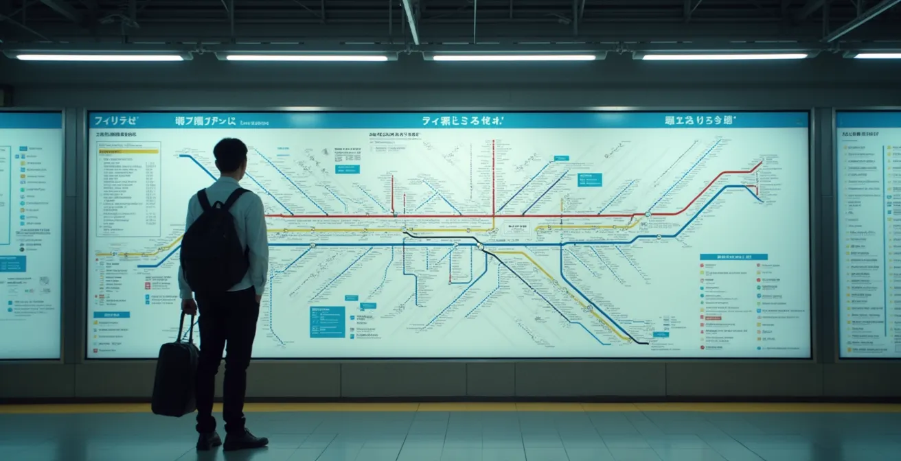 Voyageur consultant une carte détaillée des trains au Japon dans une gare moderne