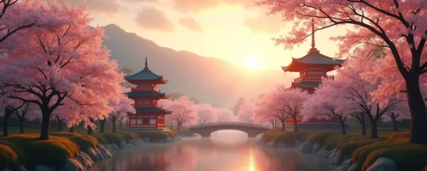 Scène matinale au Japon montrant un mélange harmonieux de temples traditionnels et de cerisiers en fleurs sous une lumière douce et dorée