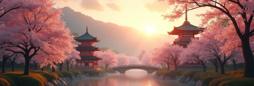 Scène matinale au Japon montrant un mélange harmonieux de temples traditionnels et de cerisiers en fleurs sous une lumière douce et dorée