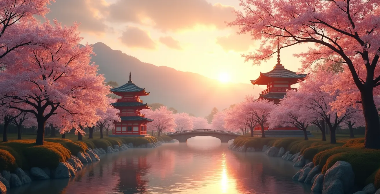 Scène matinale au Japon montrant un mélange harmonieux de temples traditionnels et de cerisiers en fleurs sous une lumière douce et dorée